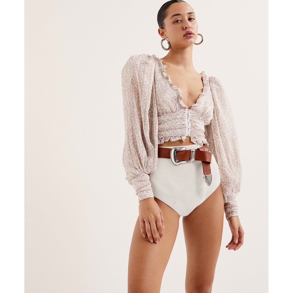 For Love & Lemons Floral Puff Sleeve Cropped Blouse XXS